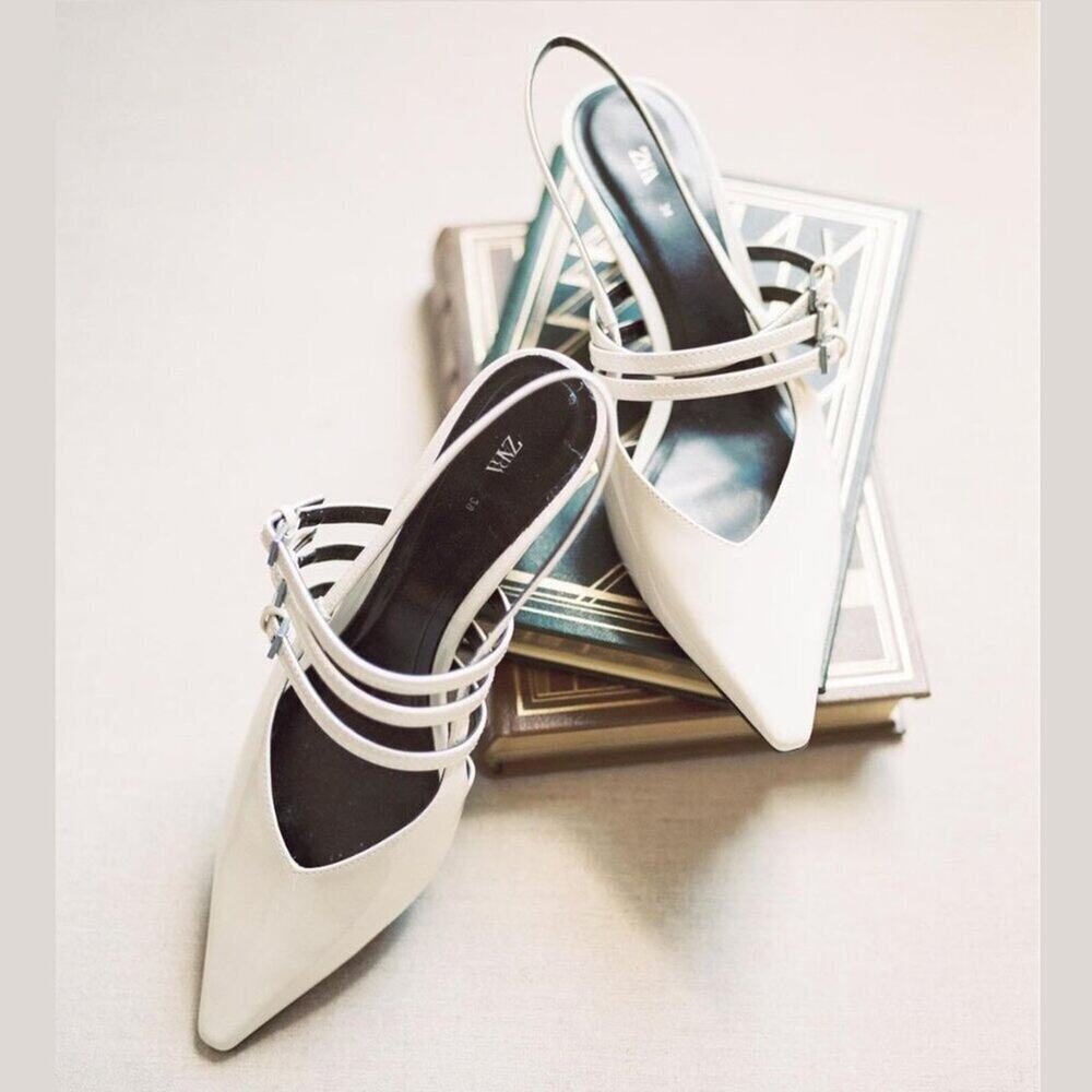 ZARA White Slingback Kitten Heels NWT Pointed Toe Buckle Strap Pumps Size 8 - Picture 15 of 16
